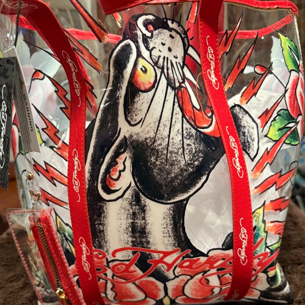 Ed Hardy Graphic Floral Red Panther Clear Tote Bag NWT